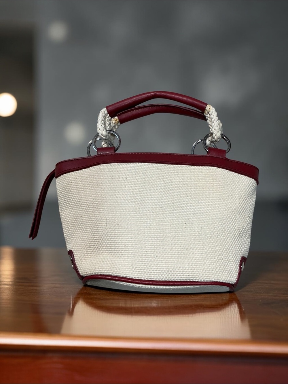 Etienne Aigner Cream and Burgundy Mini Top-Handle Bag